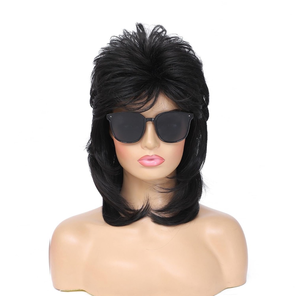 NWT Unisex Black Mullet Wig 80s 90s Rocker Shag Costume Halloween Punk